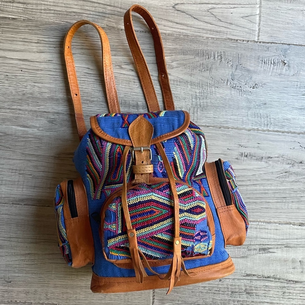 Huipil And Leather Backpack Bohemian Colorful 3 Zip Pockets Drawstring Closure